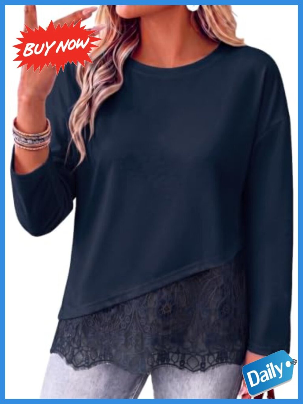 Plus Size Lace Patchwork Long Sleeve Tunic Top Crew Neck Casual
